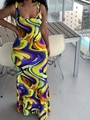 Buntes ärmelloses Maxikleid mit fließendem Wirbelmuster und schmaler Passform - 1XL / Gelb