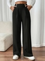 Pantaloni a gamba larga a vita alta neri da donna con bottoni dorati e pieghe - 1XL / Nero