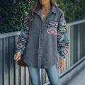Women's plus size grey corduroy jacket with Aztec print sleeves and front pocket detail - 1XL / Aqua