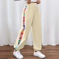 Cremefarbene Jogginghose mit Boho-Häkelstreifen und elastischem Kordelzug am Bund - S / Aprikose