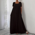 Women's black short sleeve maxi dress with square neck and loose fit styling - 1XL / Black
