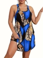 Detail of sleeveless mini dress featuring blue, black, and leopard print geometric patterns - 1XL / Leopard Blue Patchwork Style / Blue