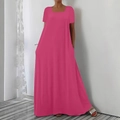 Short sleeve rose red maxi dress with square neck and side pockets in casual loose fit - 1XL / Rose Red