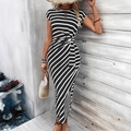Maxi dress in black and white zebra stripes with short sleeves and waist tie knot - 1XL / Black