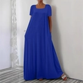 Women casual loose maxi dress in royal blue with short sleeves and convenient side pockets - Blue