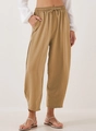 Detailed close-up of high-waist drawstring waistband and side pocket on khaki linen pants - Khaki