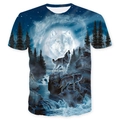 Short sleeve crew neck T-shirt featuring a full 3D moonlit wolf pack landscape print - S / Printed