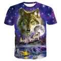 3D wolf printed short sleeve t-shirt featuring stars and moonlight pattern for casual wear - XL / Purple