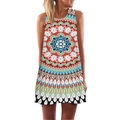 Dettaglio della vivace stampa digitale mandala su abito da donna linea A senza maniche - S / Stile Mandala Multicolore (LYQ-333)