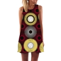 Abito da donna svasato senza maniche con vivace stampa floreale geometrica e scollo rotondo - S / Stampa Etnica Geometrica Girasole (LYQ-535)
