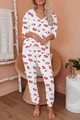 Detail view of women's white lounge set with pink lip print hoodie and drawstring pants - S / White Kiss Print (1088-7)