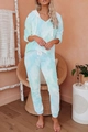 Detail of light blue tie-dye knit loungewear set featuring a hooded V-neck and white drawstrings - S / Light Blue Tie-Dye (1088-9)
