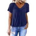 T-shirt bleu marine à col en V pour femmes avec manches raglan et détails plissés - Bleu foncé