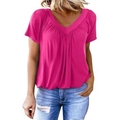 T-shirt décontracté pour femmes avec col en V manches raglan et détails froncés rose - S / Hauts / Rose rouge
