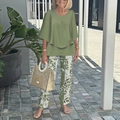 Women's olive green two-piece set featuring a short-sleeved top and floral print trousers - XS / Top And Bottom / Olive Green Leaf Print (01)