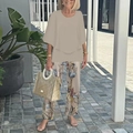 Women casual two-piece set with layered round neck top and floral print pants - XS / Top And Bottom / Beige/Colorful Floral