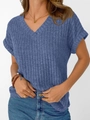 Detail of blue v-neck ribbed knit short sleeve T-shirt for women in casual summer style - XL / Aqua