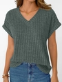Detailed view of the ribbed texture and V-neckline on the dark grey knit t-shirt - XL / Sea Green