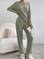Detailed texture of sage green knit lounge set with vertical ribbed pattern and V-neckline - S / Top And Bottom / Green