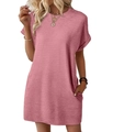 Detail view of pink loose short sleeve dress with textured fabric and side pocket - Light Pink