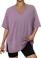 Detail view of oversized lavender V-neck T-shirt with side slits and soft fabric texture - S / Deep Pink