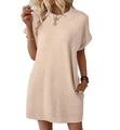Detail view of light beige waffle knit texture on women's loose crew neck summer dress - Apricot