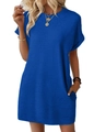 Detailed macro shot of blue short sleeve dress showing waffle texture fabric and side pocket - Sapphire Blue