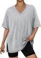 Detail view of the gray V-neck T-shirt featuring rolled sleeves and side split hem - S / Gray