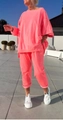 Detail of neon pink casual long sleeve top and matching drawstring jogger pants - Top And Bottom / S / Rose Red