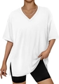 Detail of white V-neck short sleeve T-shirt with loose fit and side slit design - S / White