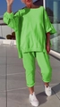 Detail shot of bright green women's two-piece lounge set with ribbed cuffs and ankles - Top And Bottom / S / Cyan