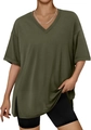 Detail of olive green V-neck T-shirt showing rolled sleeve cuffs and side slit hem design - S / Army Green
