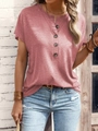 Dettaglio della maglietta Henley a maniche corte da donna con scollo a V e bottoni - S / Rosa