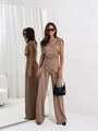Detail showing high-waisted wide-leg pants and draped sleeveless top in earthy brown fabric - S / Khaki
