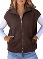 Detail showing deep brown quilted vest with standing collar and metal zipper pockets - Coffee
