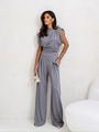 Detail of grey asymmetric wrap top and wide-leg trousers set with high-draping fabric - S / Light Gray