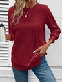 Women's deep red crew neck sweatshirt featuring waffle knit texture and loose fit - 3XL / Burgundy