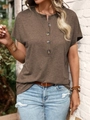 Detail of brown short sleeve Henley t-shirt with four buttons and knit texture - S / Brown