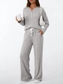 Hellgraues geripptes Loungewear-Set mit Langarm-Oberteil und weiter Hose für Damen - XS / Grau