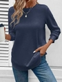 Women's casual navy blue waffle knit long sleeve sweatshirt with curved hem and crew neck - 3XL / Navy Blue