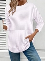 Top de punto a rayas lavanda para mujer con manga larga, patrón de gofre y cuello redondo - S / Violeta Claro
