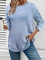 Camiseta de manga larga a rayas azules y blancas para mujer con cuello redondo casual - S / Azul