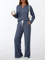 Dunkelblaues Damen Lounge-Set aus Rippstrick mit V-Ausschnitt Oberteil und weiter Hose - XS / Marineblau