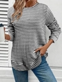 Jersey de punto para mujer con rayas blancas y negras y cuello redondo casual - S / Negro