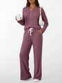 Women's 2-piece ribbed loungewear set with Henley V-neck top and wide-leg drawstring pants - XS / Burgundy