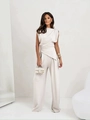 Chic cream-colored high-waisted wide-leg jumpsuit with draped wrap design detail - S / Top And Bottom / White
