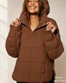 Detail of brown quilted anorak hoodie featuring snap button neck and grid stitching texture - S / Tops / Dark Brown