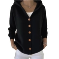 Detail of light-colored wooden buttons on a black hooded knitted cardigan for women - S / Black