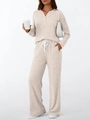 Detail showing knit texture of two-piece lounge set with buttons and elastic drawstring waist - M / Apricot