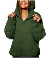 Detail of dark green hooded puffer pullover with square quilting and metal snap buttons - Army Green